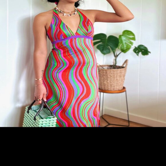 ⚡️1970s Groovy Halter Maxi Dress 🌈💫 by e-Stewart Size Small - Picture 1 of 8